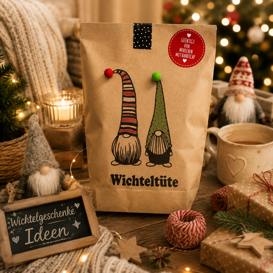 Wichteltüte in braun mit zwei Wichteln und befüllt für eine lustige Wichtelparty