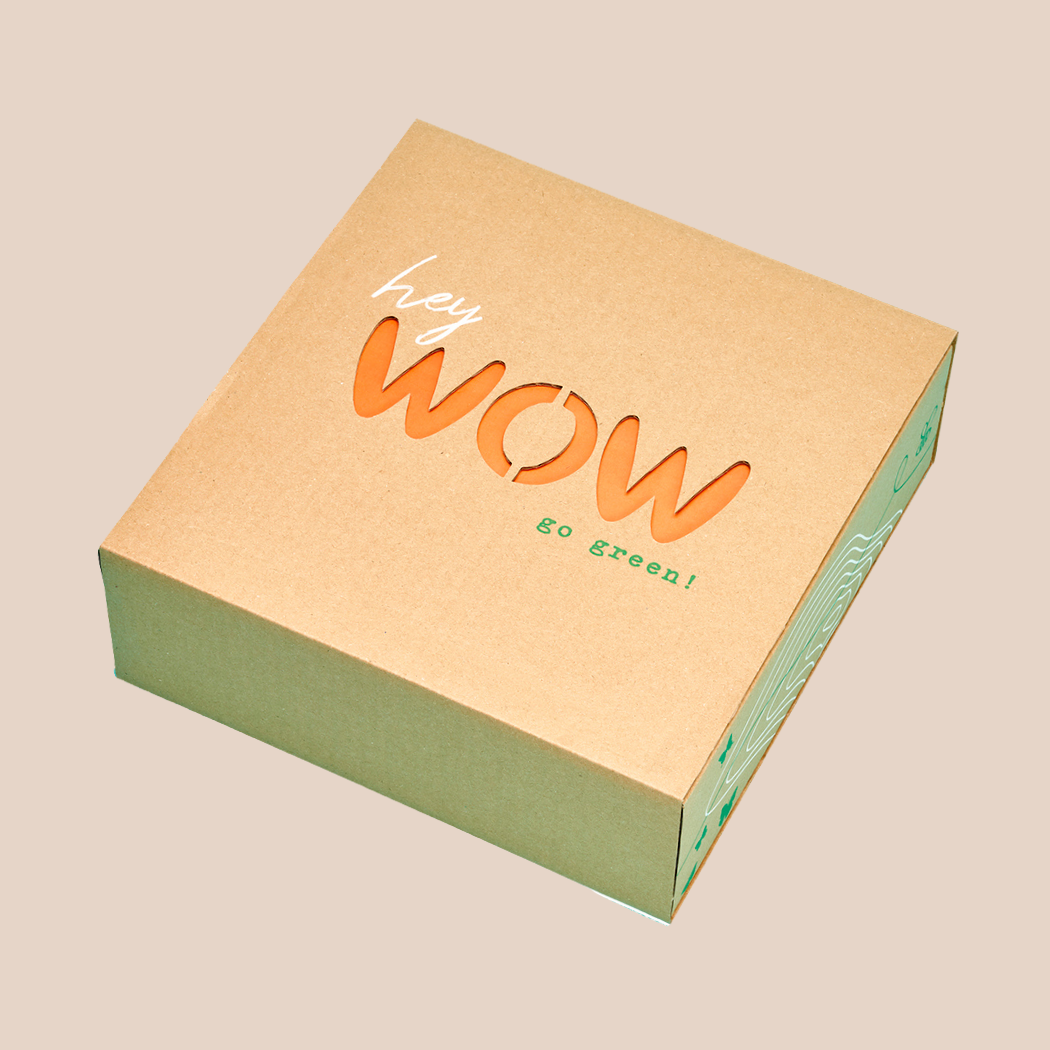 Grillbox Geschenkbox von außen mit ausgestanztem WOW 