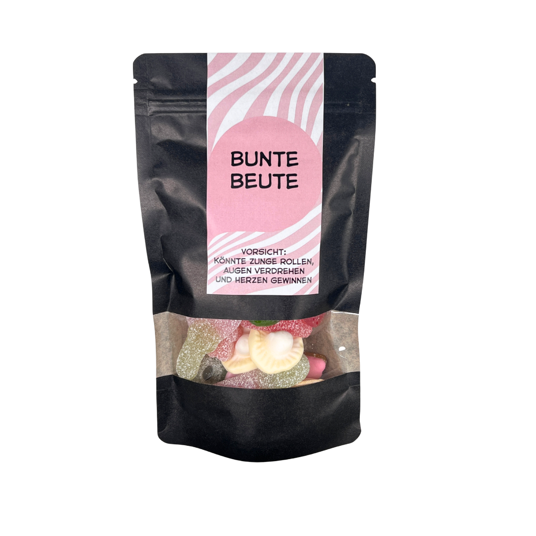 Schwarze Tüte mit Fruchtgummimix zum Verschenken