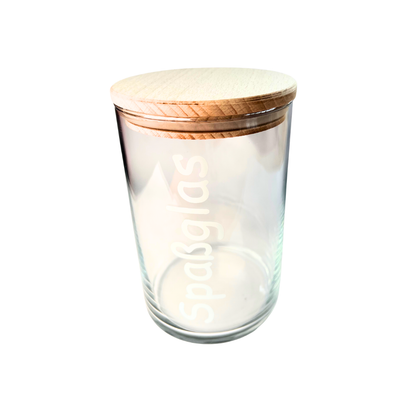 Spaßglas mit Holzdeckel für Süßigkeiten