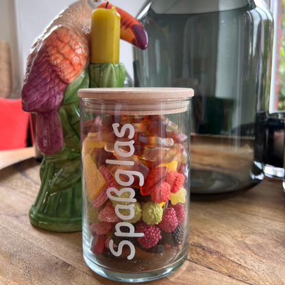 Spaßglas mit Holzdeckel für Süßigkeiten
