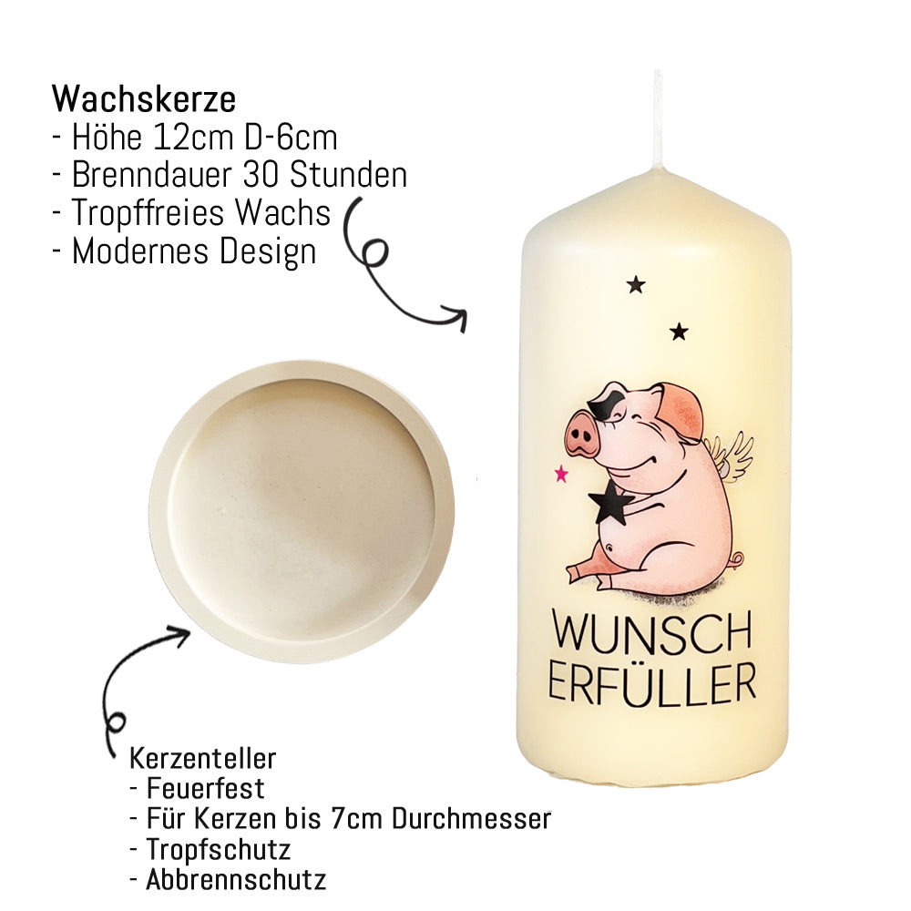 Wunscherfüller Kerze mit Glücksschwein und Kerzenteller