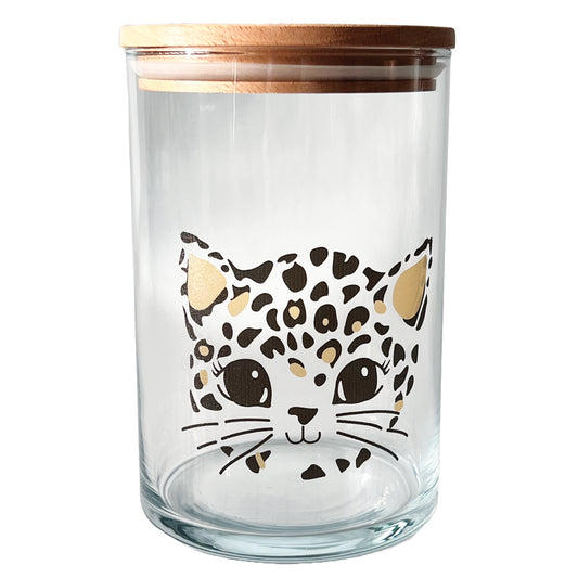 Glasdose mit Deckel und Katzenkopf im Leo Design