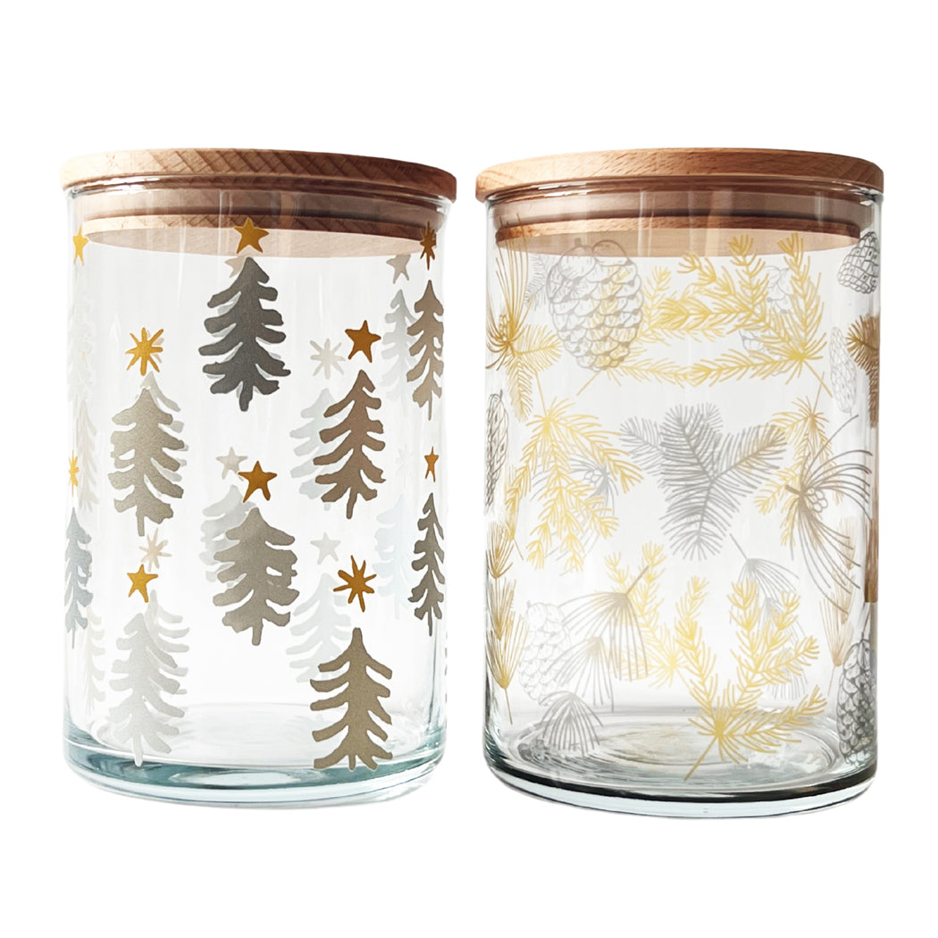 Glasdose mit Holzdeckel – Weihnachtsglanz mit Tannengold- 2er Set