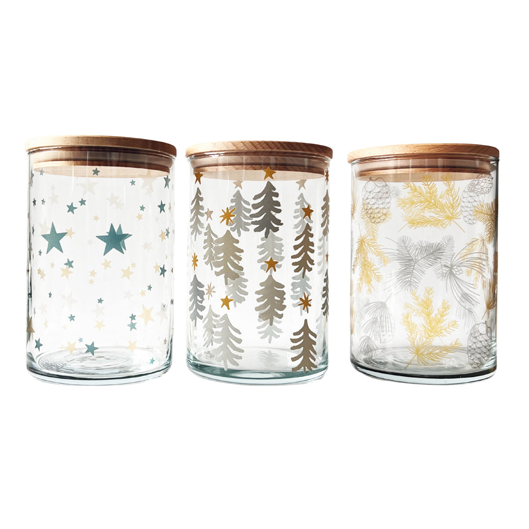 Glasdose mit Holzdeckel – Weihnachtsglanz mit Tannengold - 3er Set