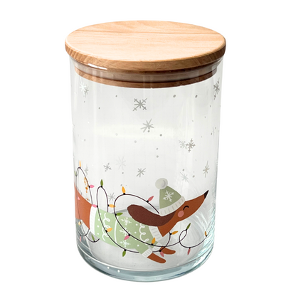 Vorratsglas mit Holzdeckel – Weihnachtlicher Dackelspaß für dein Zuhause. Bedruckt mit einem Dackel und einer Lichterkette