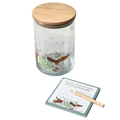 Vorratsglas mit Dackelmotiv und passendem Notizblock dazu