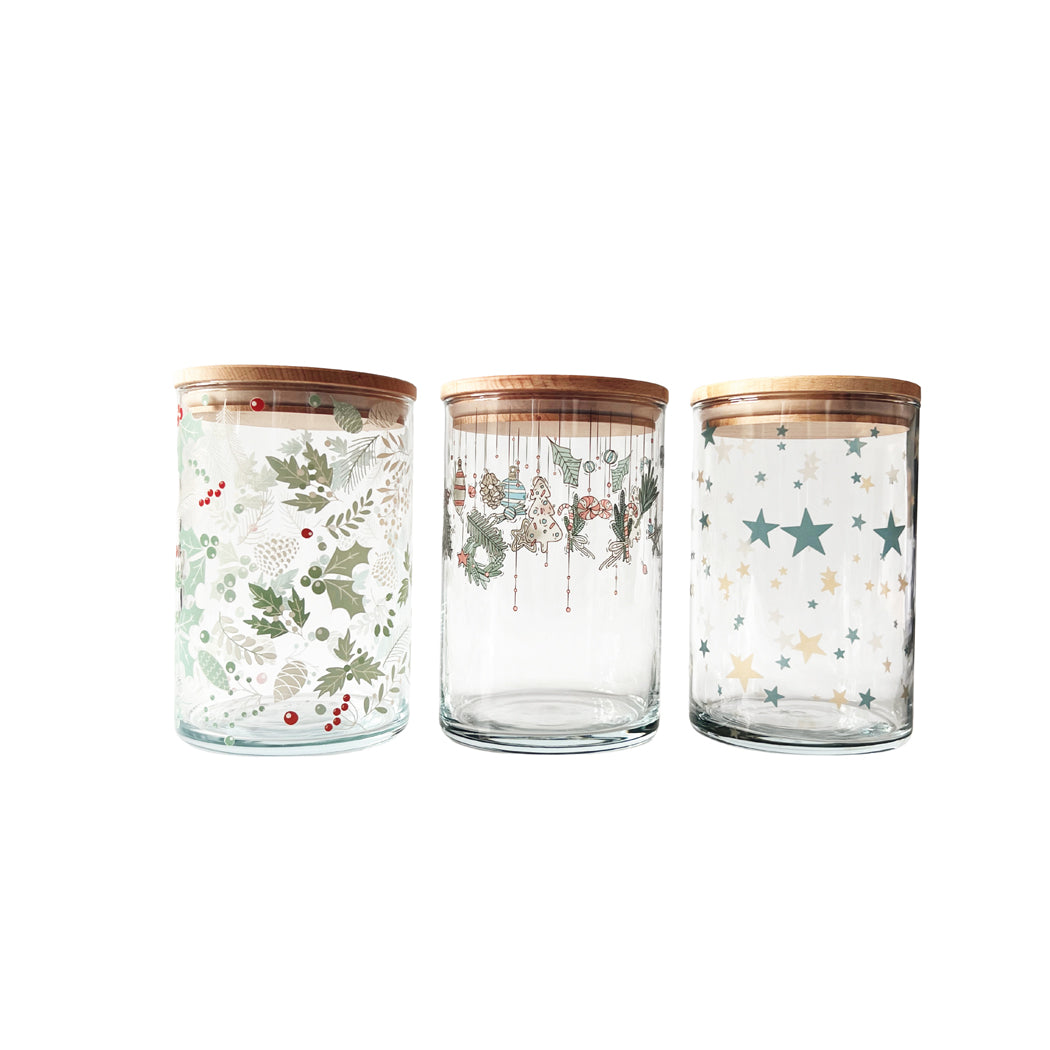 Glasdose für Kekse! Edles Glas mit Weihnachtsgirlande, Sternen und Weihnachtsgrün als 3er Set